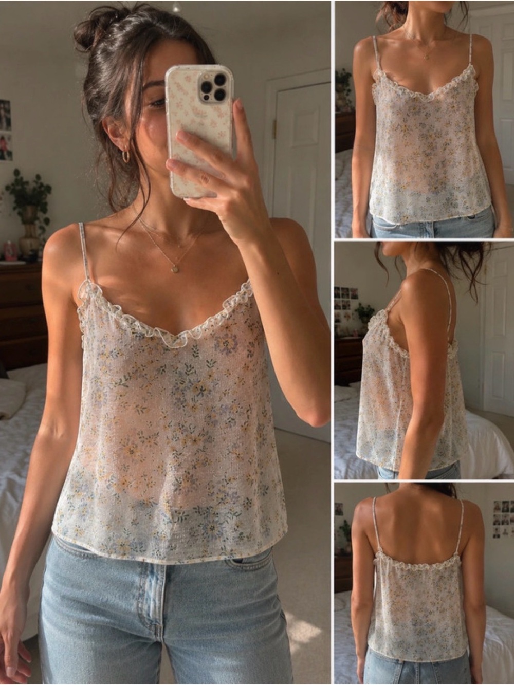 Topshop White Floral Lace-Trim Sheer Cami